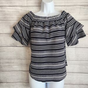 Moa Moa L Off Shoulder Ruffle Stripe Top Boho Chic Flowy Feminine